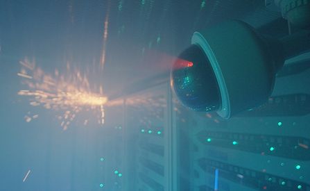 Eine Überwachungskamera mit einem roten Laserstrahl vor der Kulisse eines Serverraums mit mehreren Lichtern und Dunst.