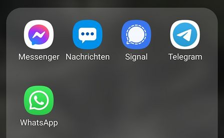 Eine Auswahl an Messaging-Apps, darunter Messenger, Nachrichten, Signal, Telegram und WhatsApp.